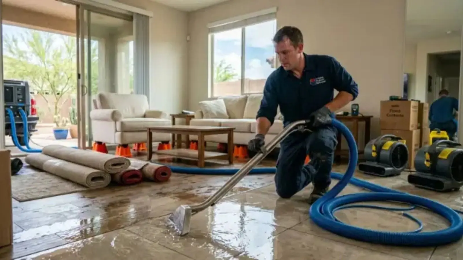 Restoration crew drying a water-damaged room in South Gate, CA